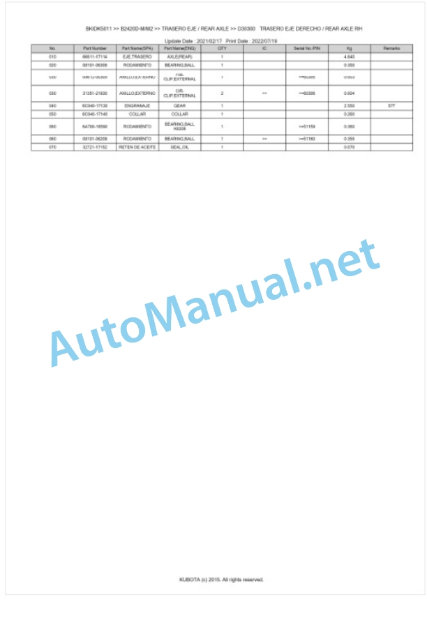 Kubota B2420D-M, M2 Parts Manual PDF BKIDK5011-4