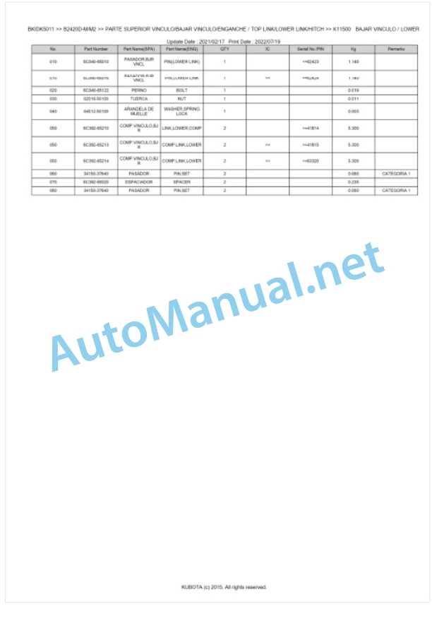 Kubota B2420D-M, M2 Parts Manual PDF BKIDK5011-5