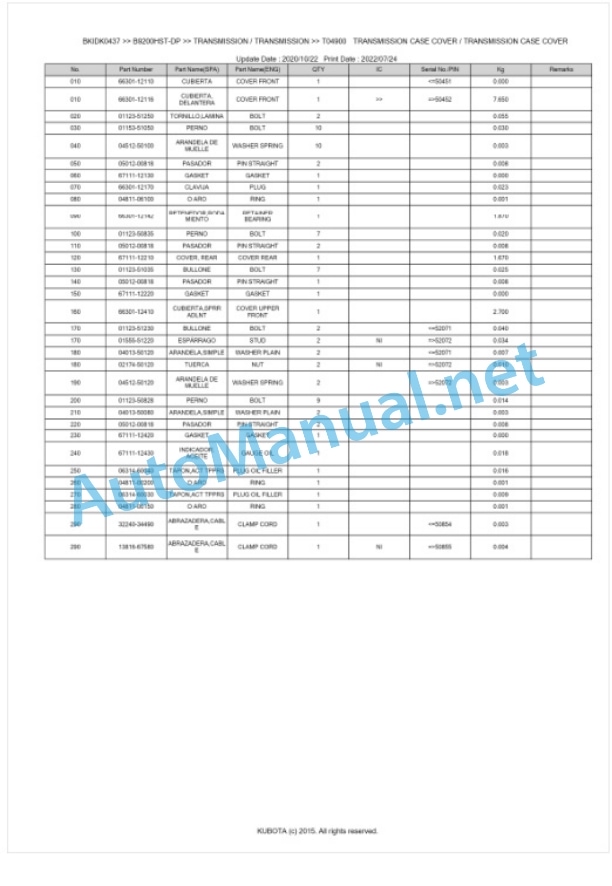 Kubota B9200HST-DP Parts Manual PDF BKIDK0437-3