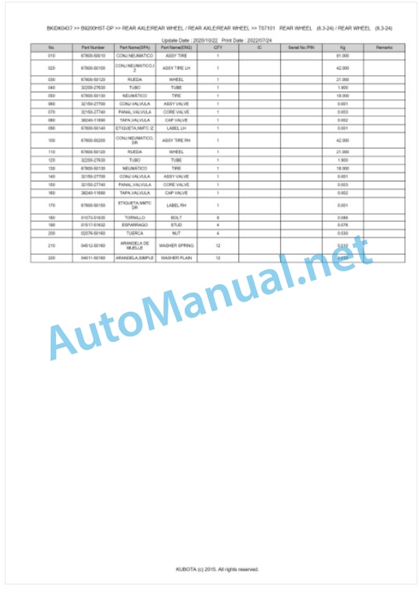 Kubota B9200HST-DP Parts Manual PDF BKIDK0437-4