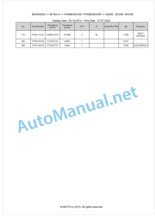 Kubota BF350-A Parts Manual PDF BKIDK0020-2