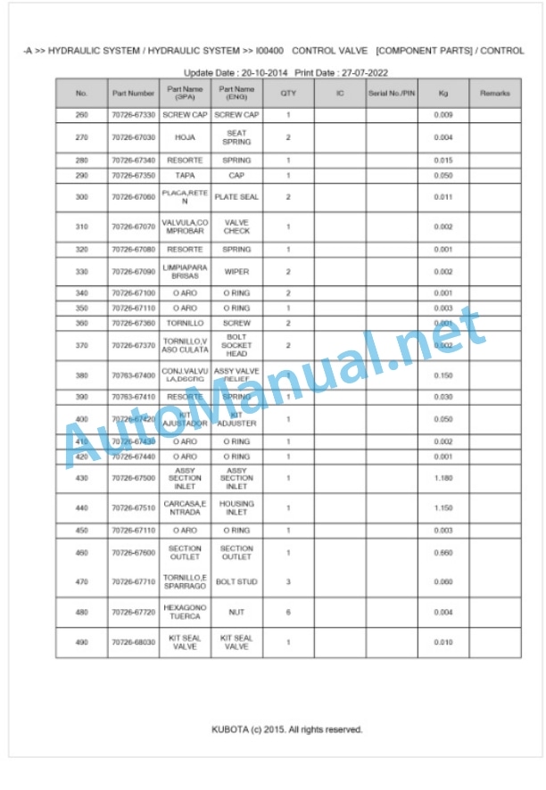 Kubota BF350-A Parts Manual PDF BKIDK0020-3