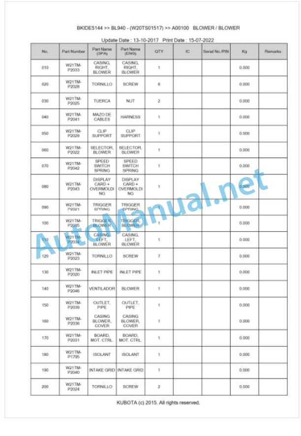 Kubota BL940 Parts Manual PDF BIKDE5144-4