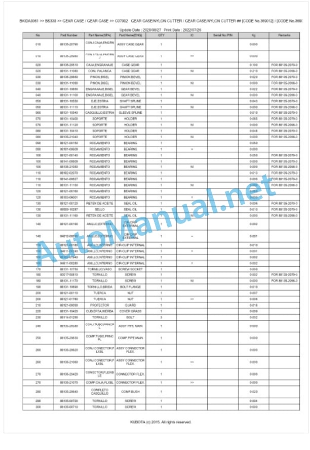 Kubota BS330 Parts Manual PDF BKIDA0061-2