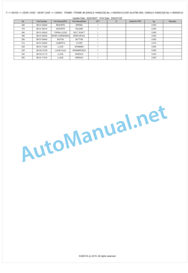 Kubota BS330 Parts Manual PDF BKIDA0061-3