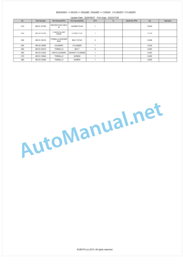 Kubota BS330 Parts Manual PDF BKIDA0061-4