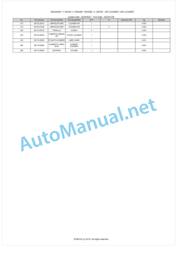 Kubota BS330 Parts Manual PDF BKIDA0061-5