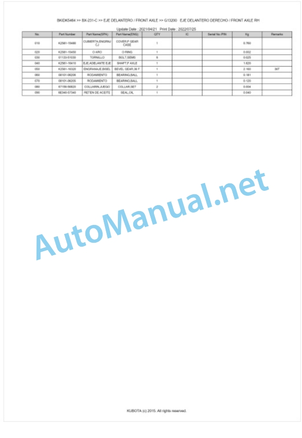 Kubota BX-231-C Tractor Parts Manual PDF BKIDK5464-3