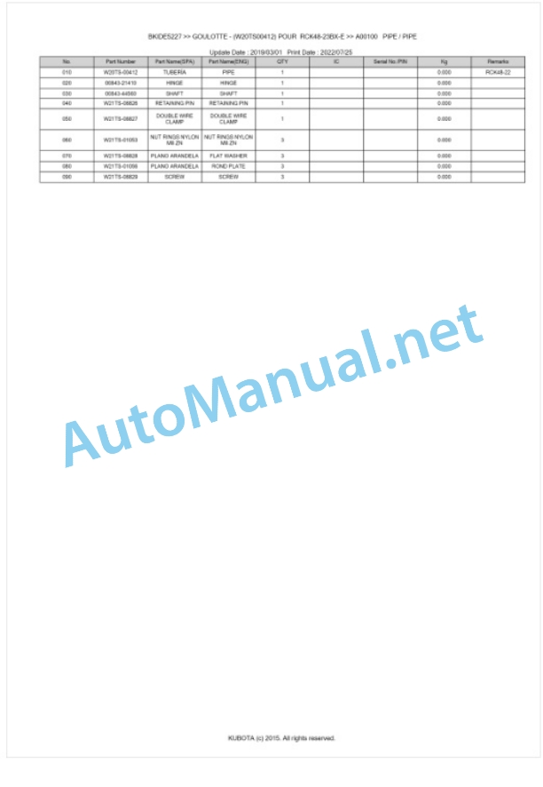 Kubota BX-Series Kit Goulotte RCK 48-23BX-E PIPE Kit RCK 48-23BX-E Parts Manual PDF BKIDK5227-5