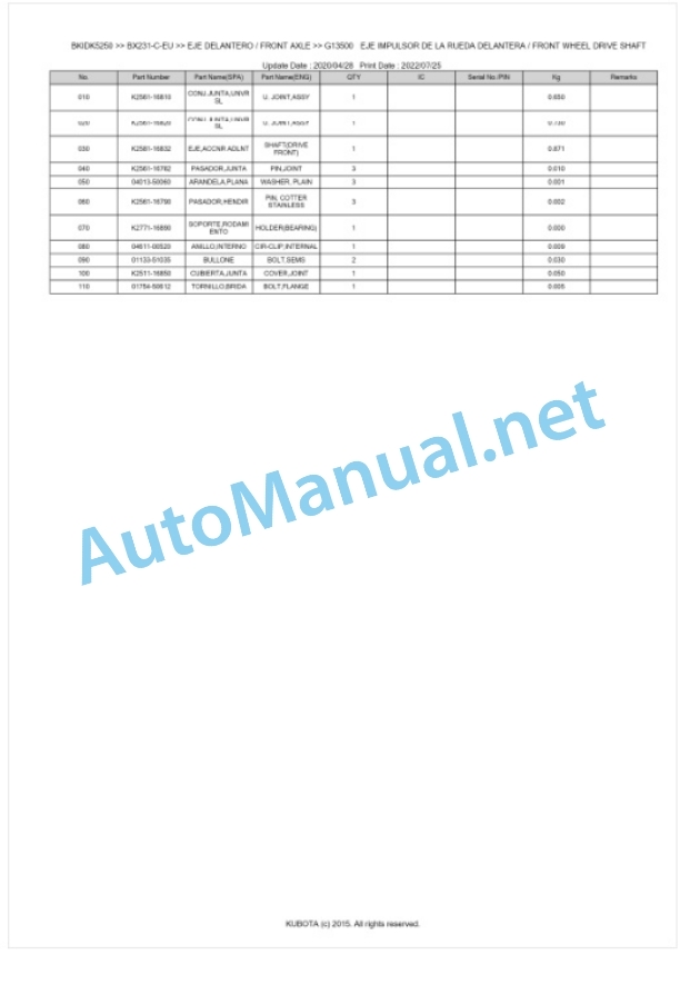 Kubota BX231-C-EU Tractor Parts Manual PDF BKIDK5250-3