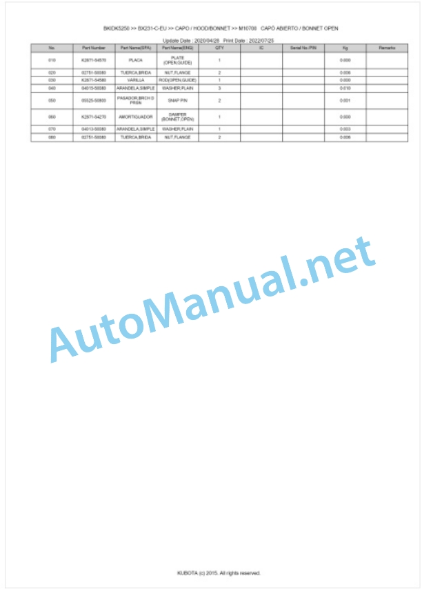 Kubota BX231-C-EU Tractor Parts Manual PDF BKIDK5250-5