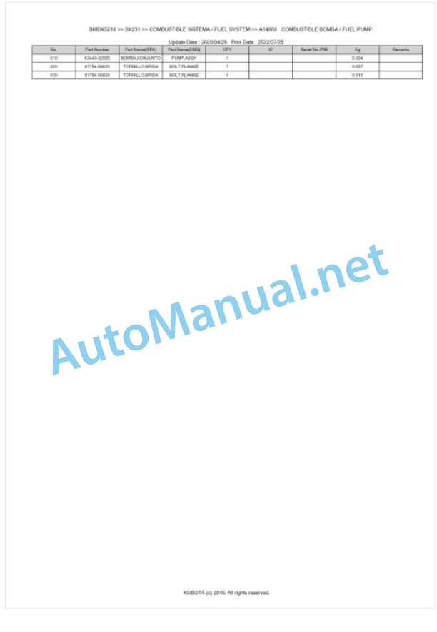 Kubota BX231 Tractor Parts Manual PDF BKIDK5216-2