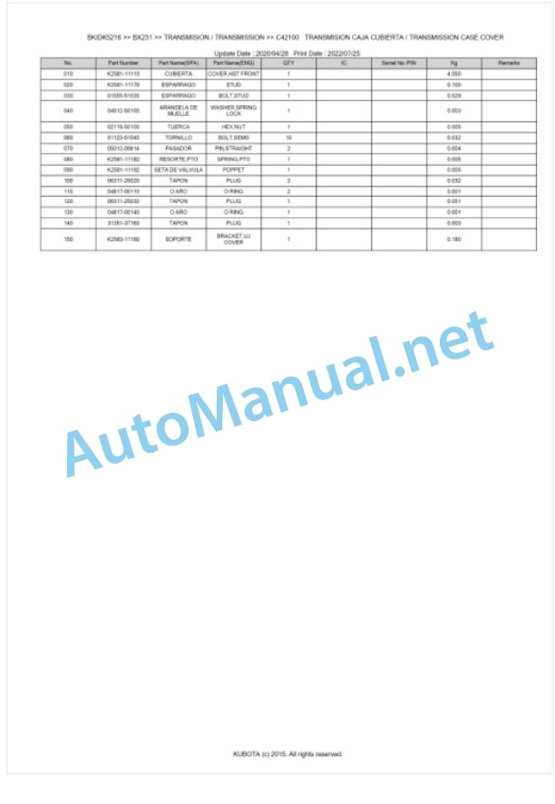 Kubota BX231 Tractor Parts Manual PDF BKIDK5216-3