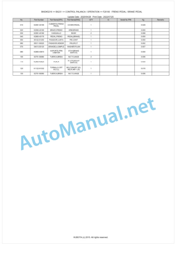 Kubota BX231 Tractor Parts Manual PDF BKIDK5216-4