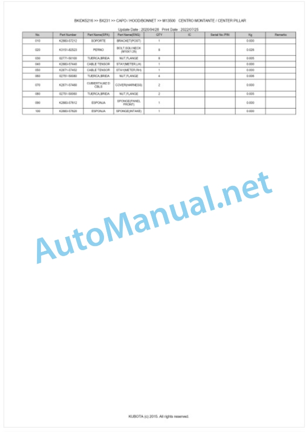 Kubota BX231 Tractor Parts Manual PDF BKIDK5216-5