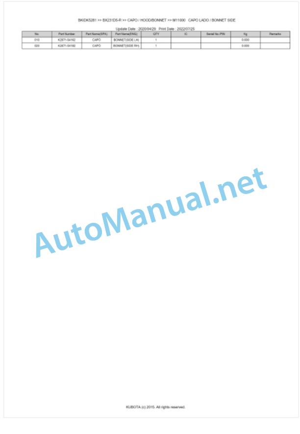 Kubota BX231D5-R Tractor Parts Manual PDF BKIDK5281-5