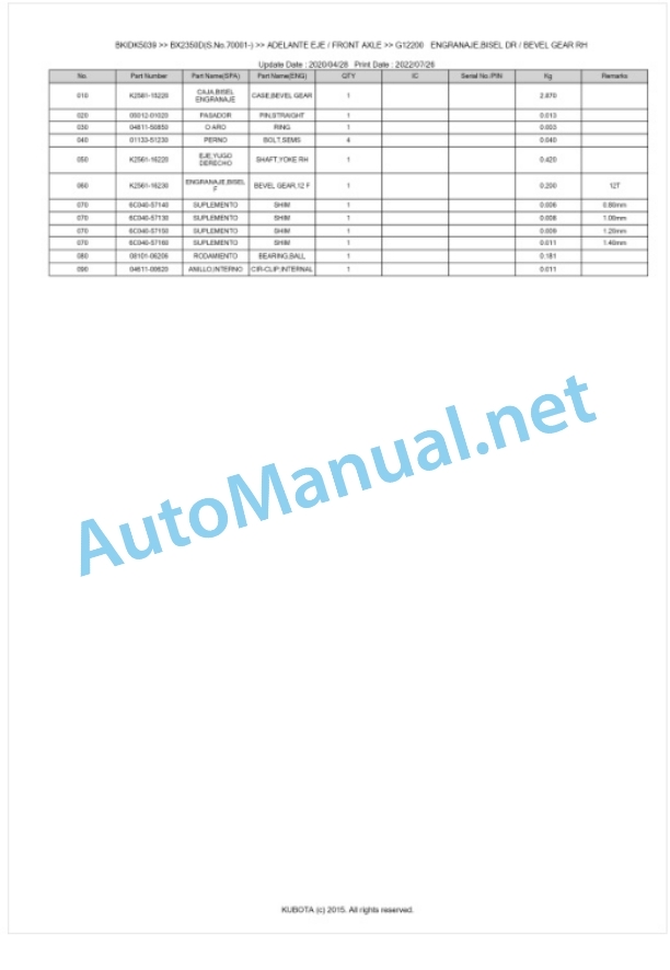 Kubota BX2350D Parts Manual PDF BKIDK5039-3