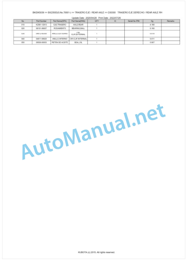 Kubota BX2350D Parts Manual PDF BKIDK5039-4