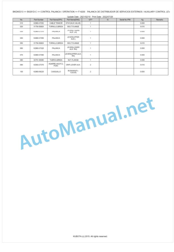 Kubota BX261D-C Tractor Parts Manual PDF BKIDK5313-4