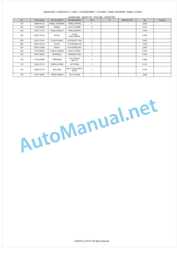 Kubota BX261D-R Tractor Parts Manual PDF BKIDK5309-5