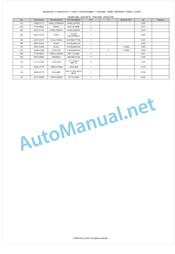 Kubota BX261D-R1 Tractor Parts Manual PDF BKIDK5334-5