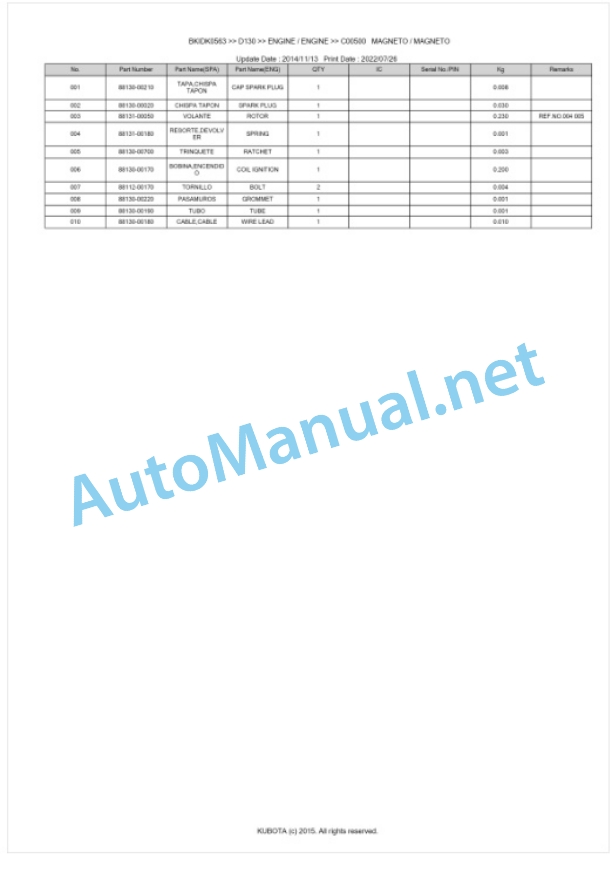 Kubota D130 Parts Manual PDF BKIDK0563-3