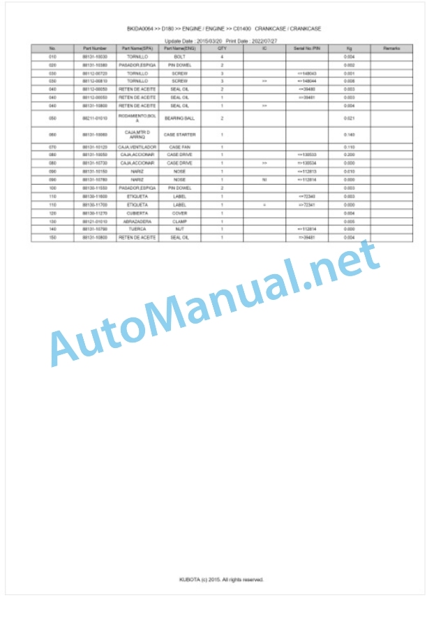 Kubota D180 Parts Manual PDF BKIDA0064-3