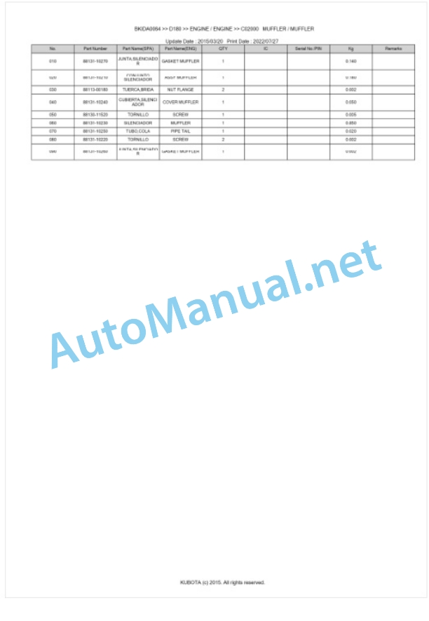 Kubota D180 Parts Manual PDF BKIDA0064-5