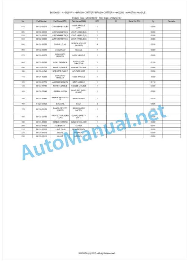 Kubota D260W Parts Manual PDF BKIDA0211-2