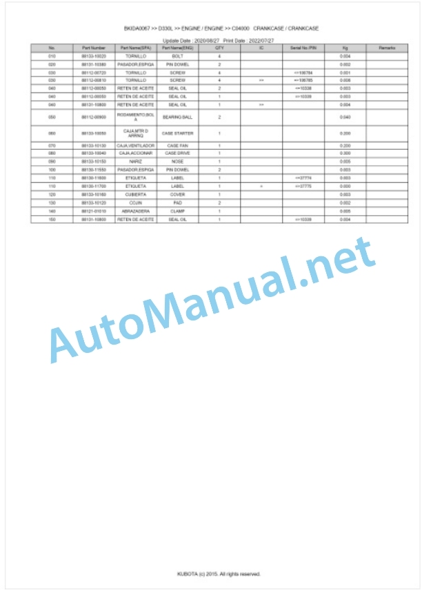 Kubota D330L Parts Manual PDF BKIDA0067-3