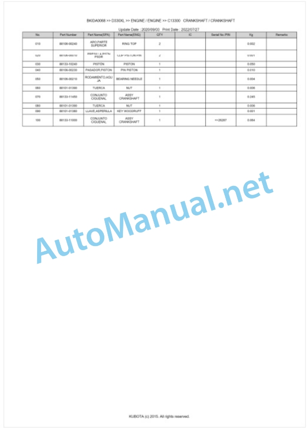 Kubota D330XL Parts Manual PDF BKIDA0068-3