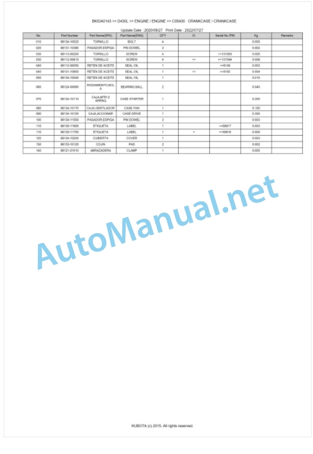 Kubota D430L Parts Manual PDF BKIDA0143-3