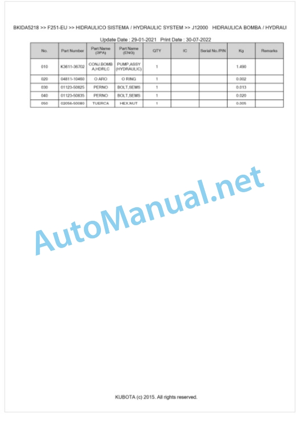 Kubota F251-EU Parts Manual PDF BKIDA5218-5