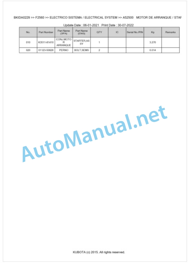 Kubota F2560 Parts Manual PDF BKIDA0229-3