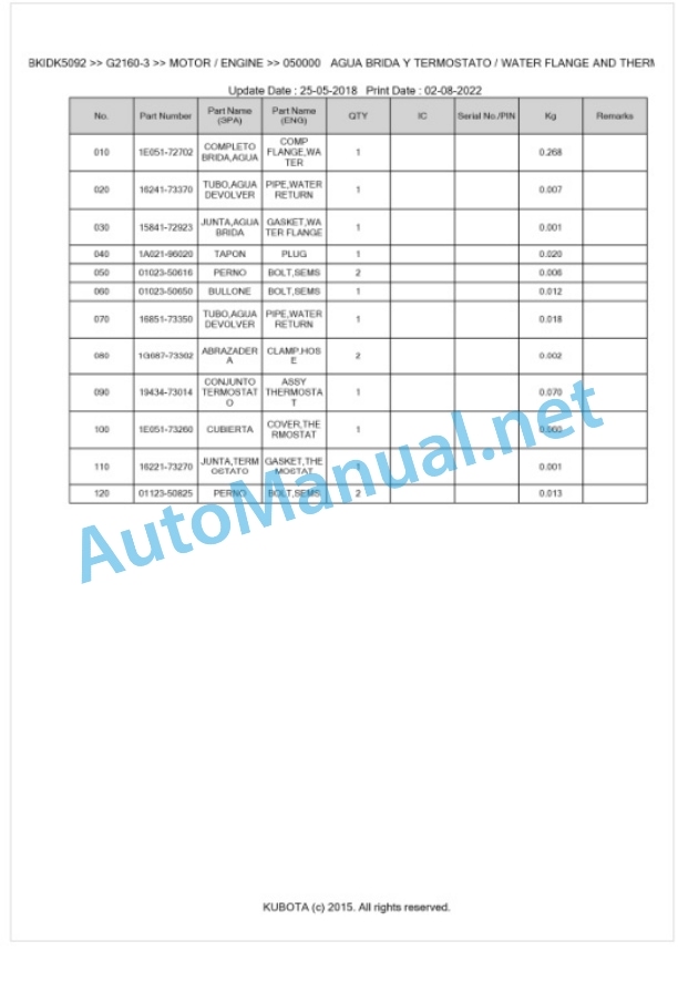 Kubota G2160-3 Parts Manual PDF BKIDK5092-2