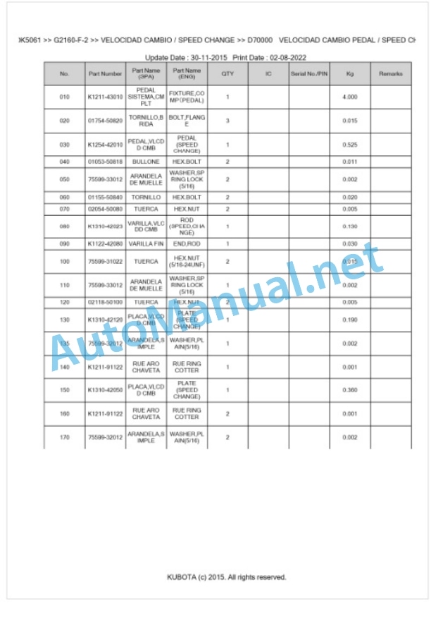 Kubota G2160-F-2 Parts Manual PDF BKIDK5061-4