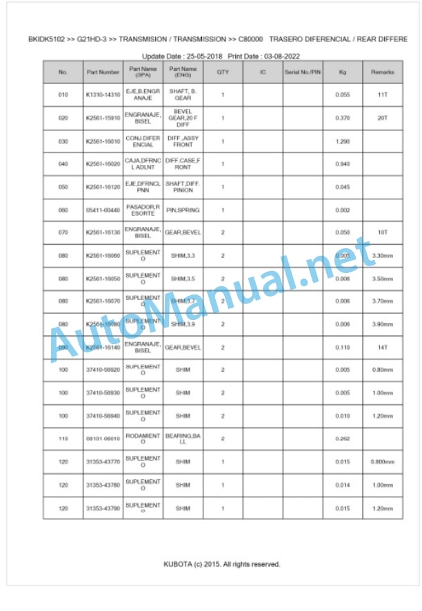 Kubota G21HD-3, G21LD-3 Parts Manual PDF BKIDK5102-4