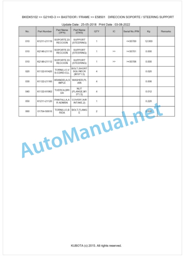 Kubota G21HD-3, G21LD-3 Parts Manual PDF BKIDK5102-5