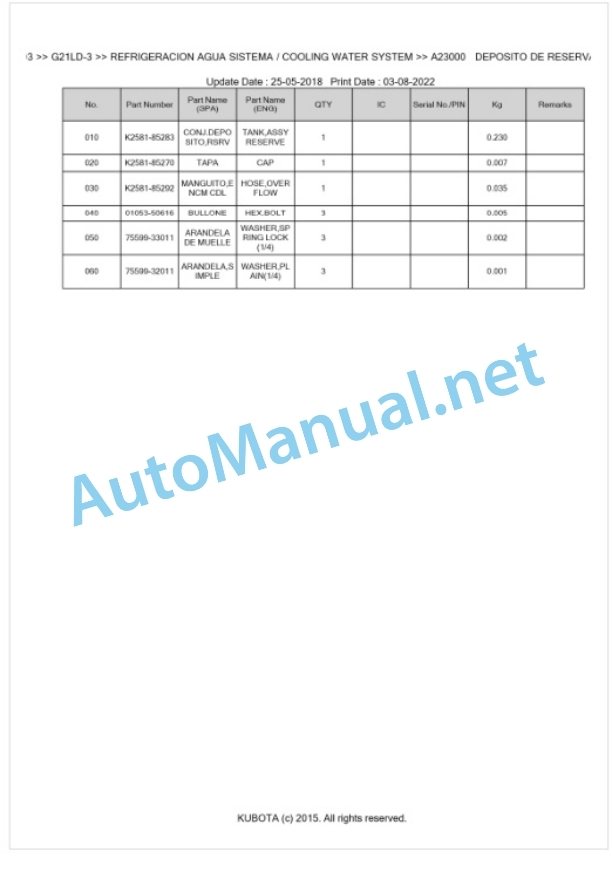 Kubota G21HD-3, G21LD-3 Parts Manual PDF BKIDK5103-3