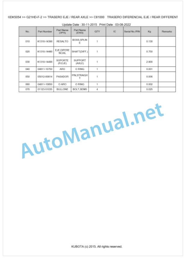 Kubota G21HD-F-2 Parts Manual PDF BKIDK5054-4