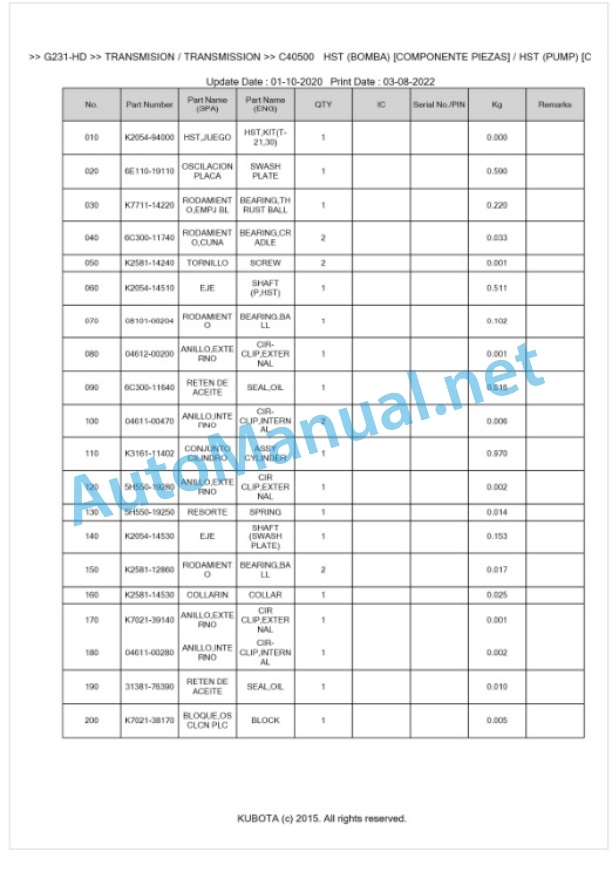 Kubota G231-HD Parts Manual PDF BKIDK5410-3