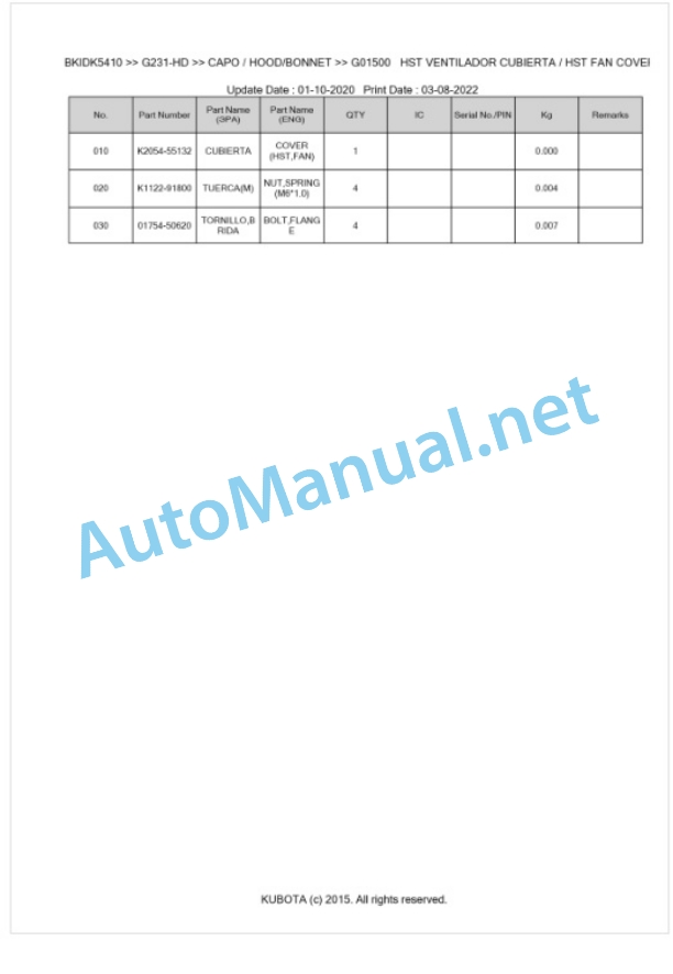 Kubota G231-HD Parts Manual PDF BKIDK5410-5