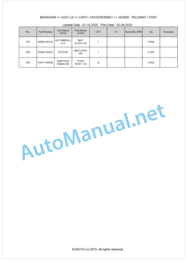 Kubota G231-LD Parts Manual PDF BKIDK5409-5