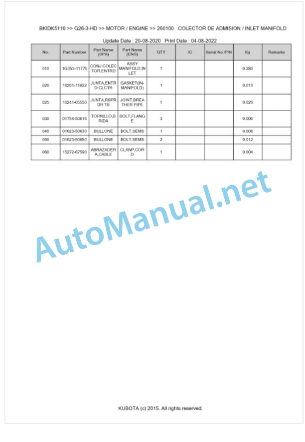 Kubota G26-3-HD Parts Manual PDF BKIDK5110-2