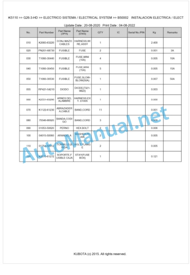 Kubota G26-3-HD Parts Manual PDF BKIDK5110-3