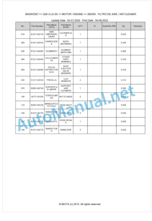 Kubota G26-3-LD-S5 Parts Manual PDF BKIDK5367-2