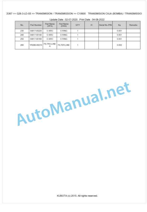 Kubota G26-3-LD-S5 Parts Manual PDF BKIDK5367-3