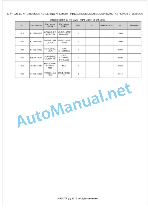 Kubota G26-LD Parts Manual PDF BKIDK0689-4