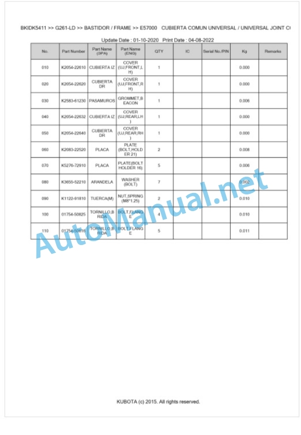 Kubota G261-LD Parts Manual PDF BKIDK5411-4