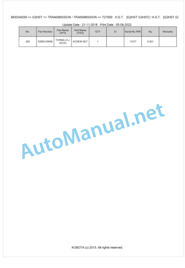 Kubota G3HST Parts Manual PDF BKIDA0029-4